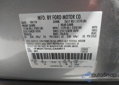 2020 Ford Explorer Xlt из США, поврежденный, VIN 1FMSK7DH2LGA69811